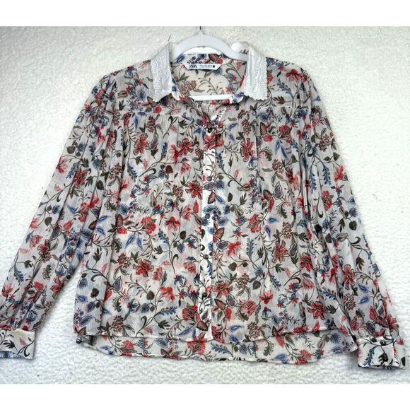 Zara White‎ Sheer Long Sleeve Floral Peter Pan Collar Button Down Shirt Womens L - Picture 1 of 6